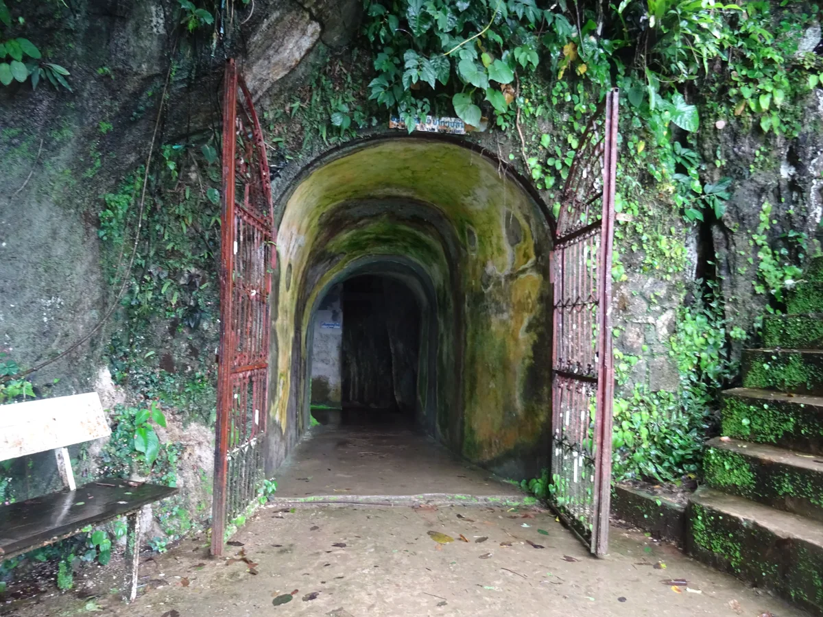 Entrance to Tham Chang cave with wooden walkway surrounded by lush forest and spring water